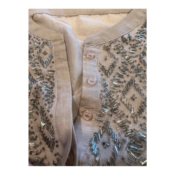 Massimo Dutti Silk Blend Taupe Beaded Split Neck Pullover Peasant Blouse XS - Picture 5 of 16